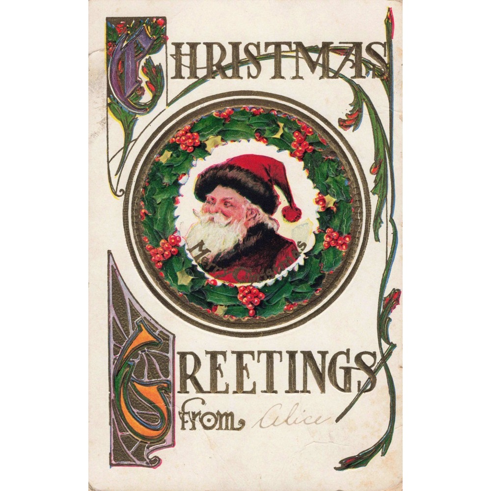 Christmas Postcard Santa Claus Holly Wreath Art Nouveau Embossed c1910 Antique